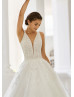 V Neck Beaded Ivory Lace Tulle Sheer Back Princess Wedding Dress